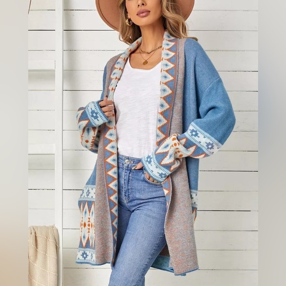 Cardigan Aztec Sweater ~ Long Sleeve Tribal Print Wool Knit Open Front in Blue - Picture 11 of 16